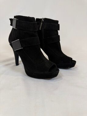Calvin Klein Black Suede Peep Toe Booties Heels Size 6